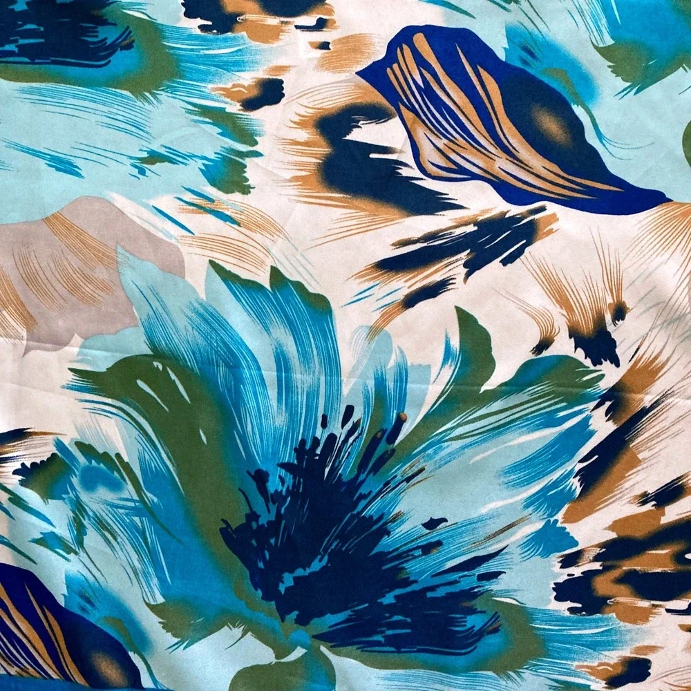 Oversized Square Blue Floral Satin Scarf Head Neck Hair boho Tropical Wrap 💖